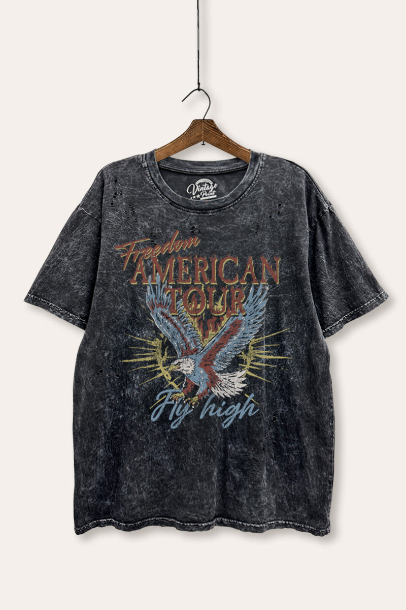 bald eagle "freedom" graphic mineral wash laser distress tee