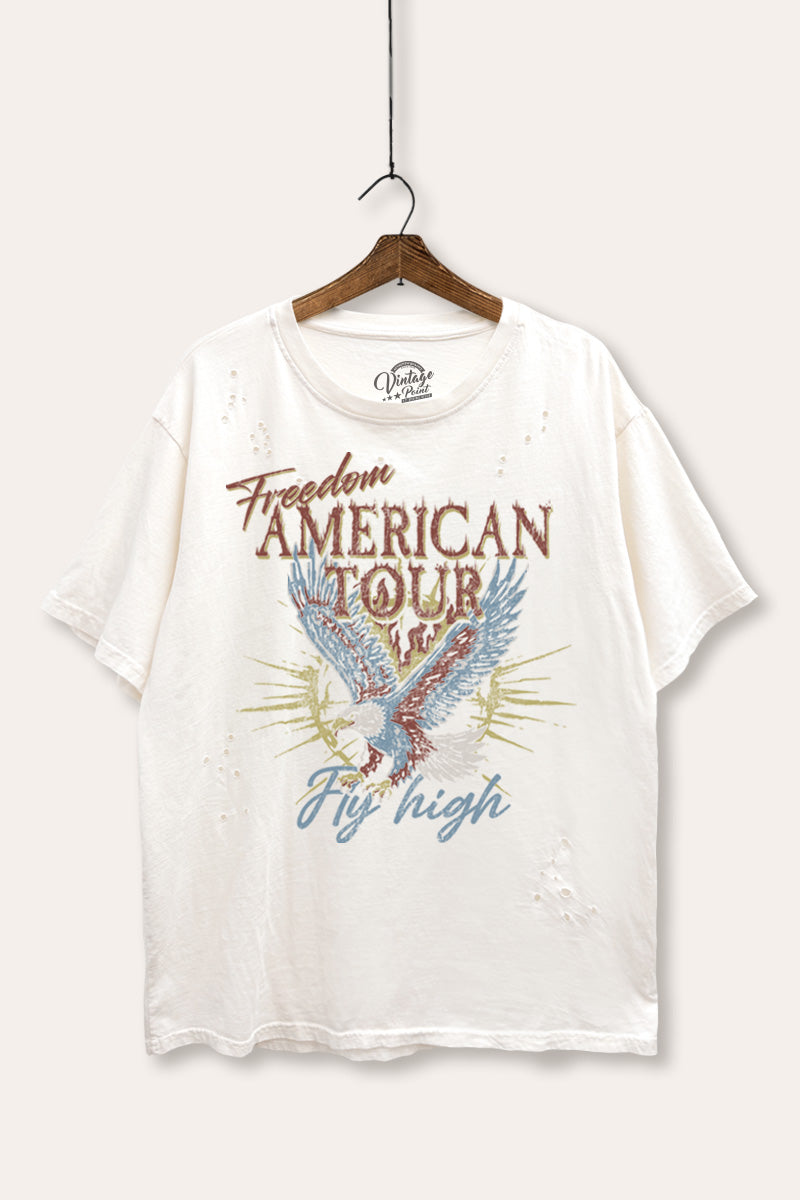 bald eagle "freedom" graphic laser cut distress tee