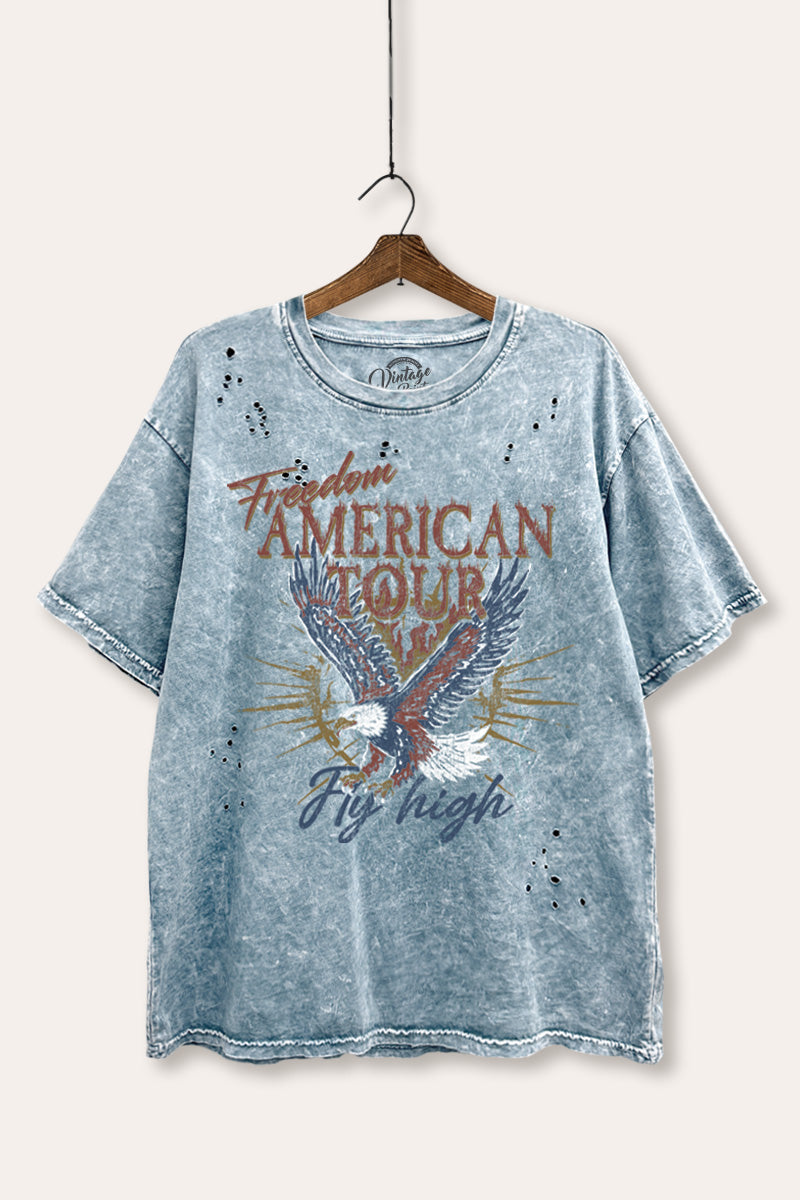 bald eagle "freedom" graphic laser cut distress tee