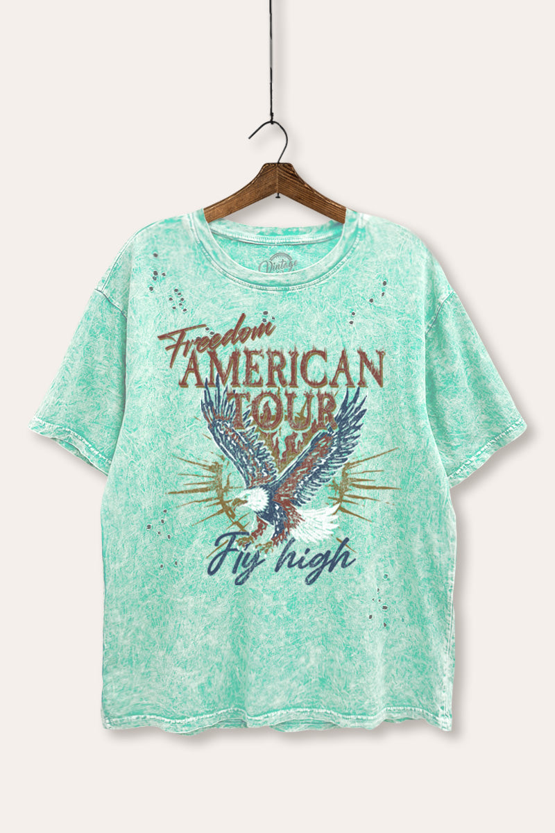bald eagle "freedom" graphic laser cut distress tee