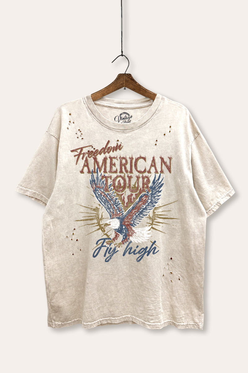 bald eagle "freedom" graphic laser cut distress tee
