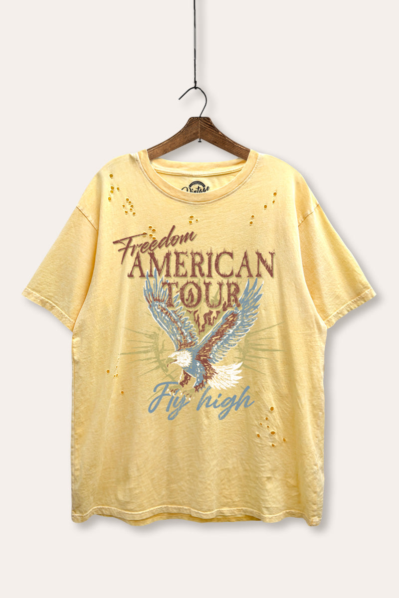 bald eagle "freedom" graphic mineral wash laser distress tee
