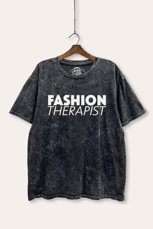 "fashion therapist" mineral wash laser distress graphic tee