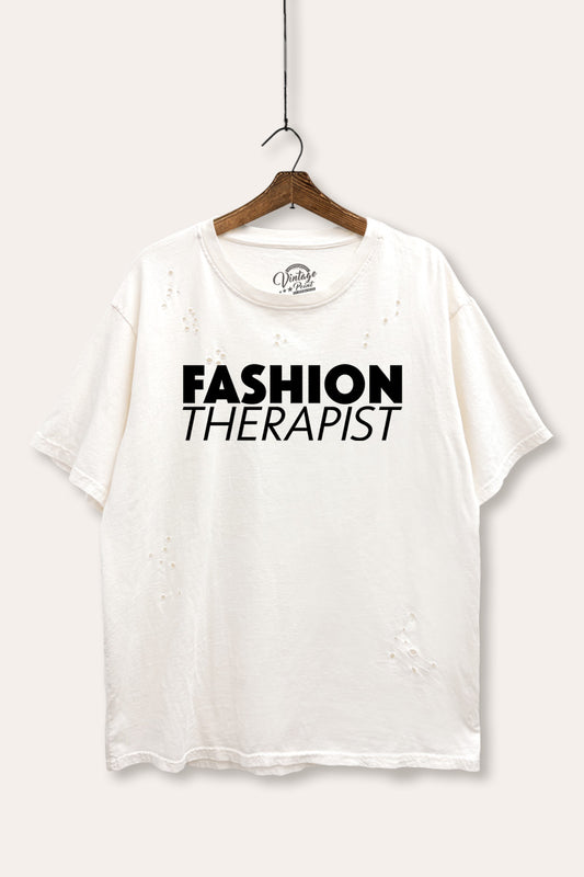 "fashion therapist" mineral wash laser distress graphic tee