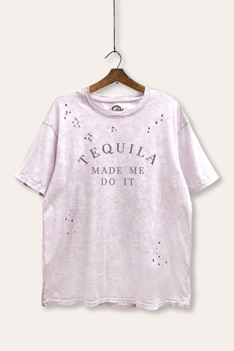 "tequila made me do it" graphic laser cut distress tee