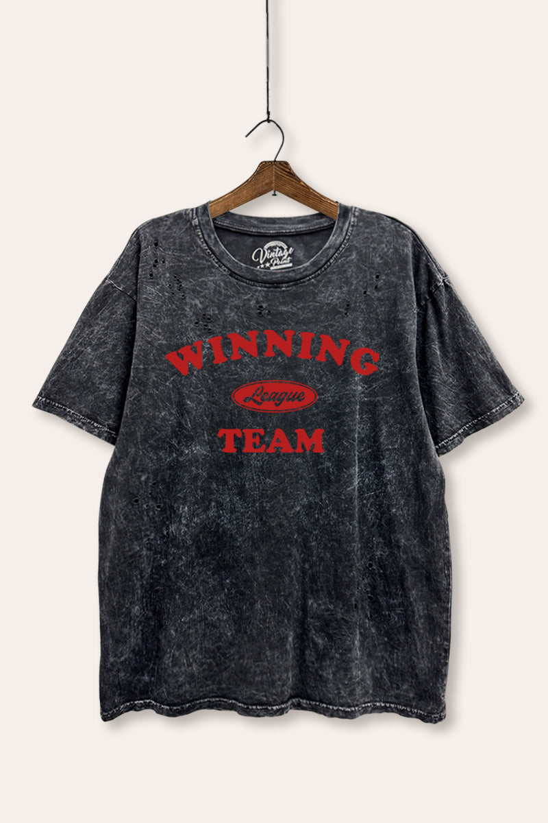 "winning team" graphic mineral wash laser distress tee