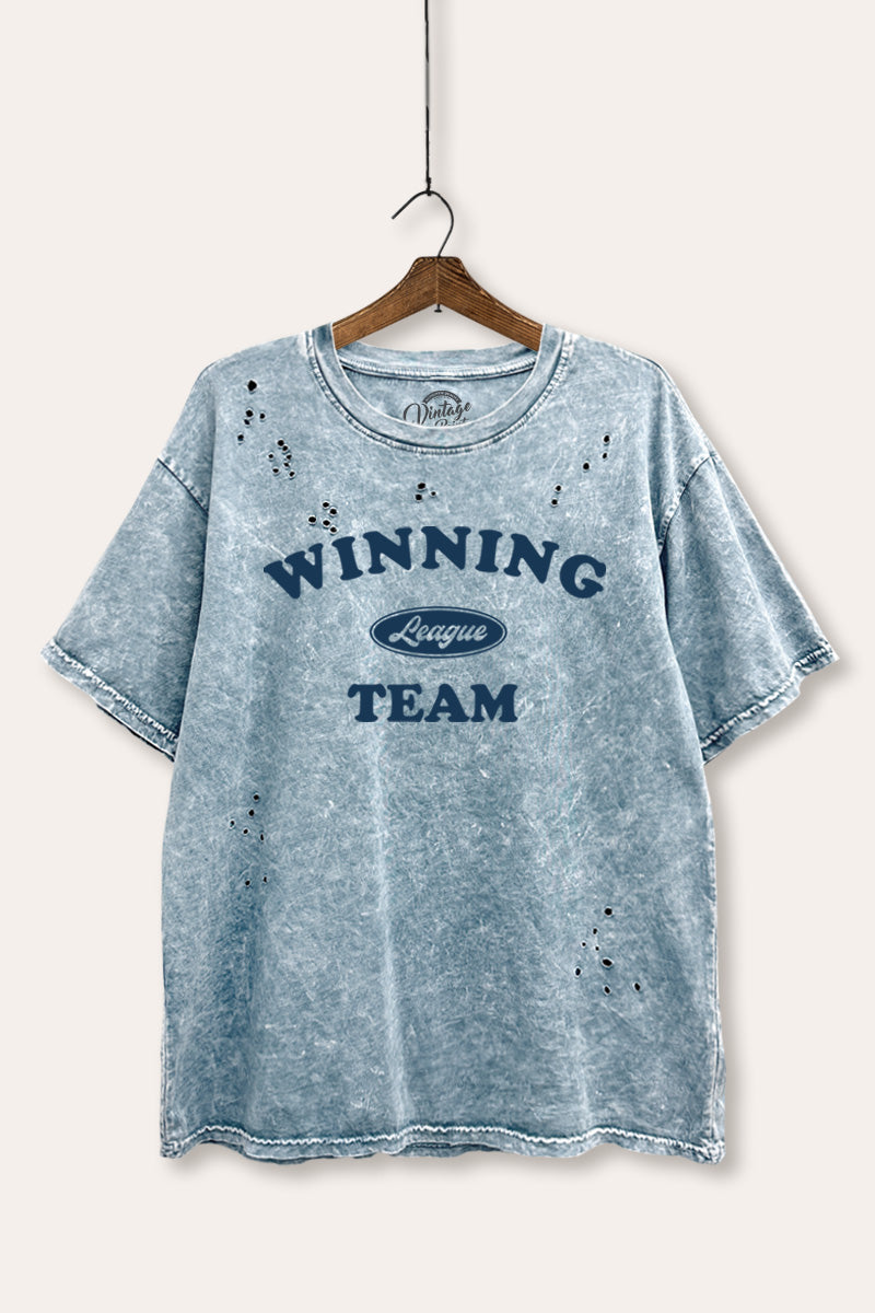 "winning team" graphic mineral wash laser distress tee