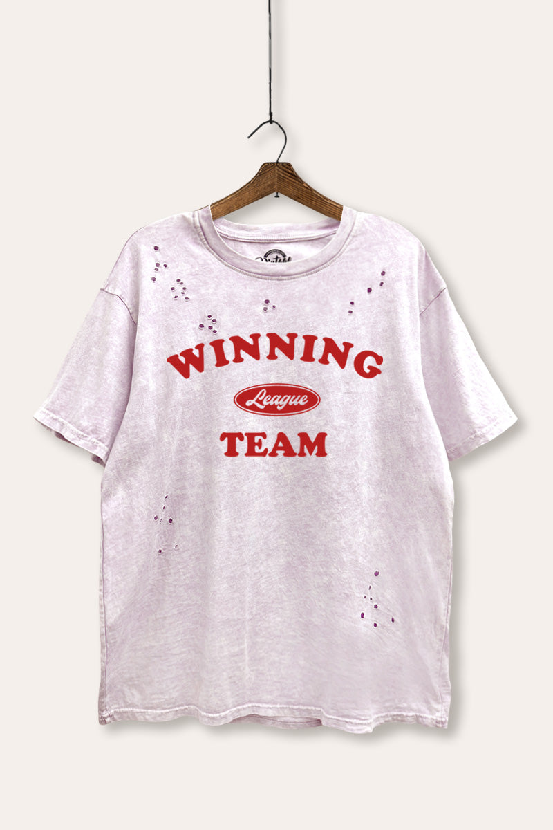 "winning team" graphic mineral wash laser distress tee