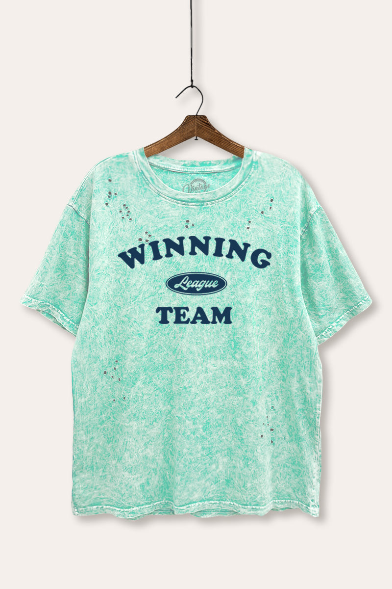 "winning team" graphic mineral wash laser distress tee