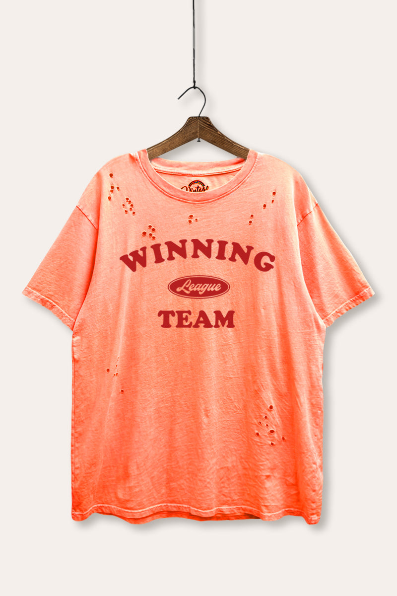 "winning team" graphic mineral wash laser distress tee