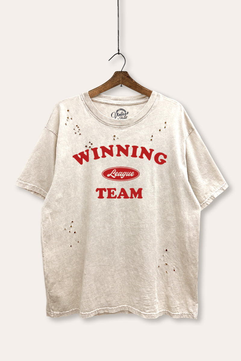 "winning team" graphic mineral wash laser distress tee