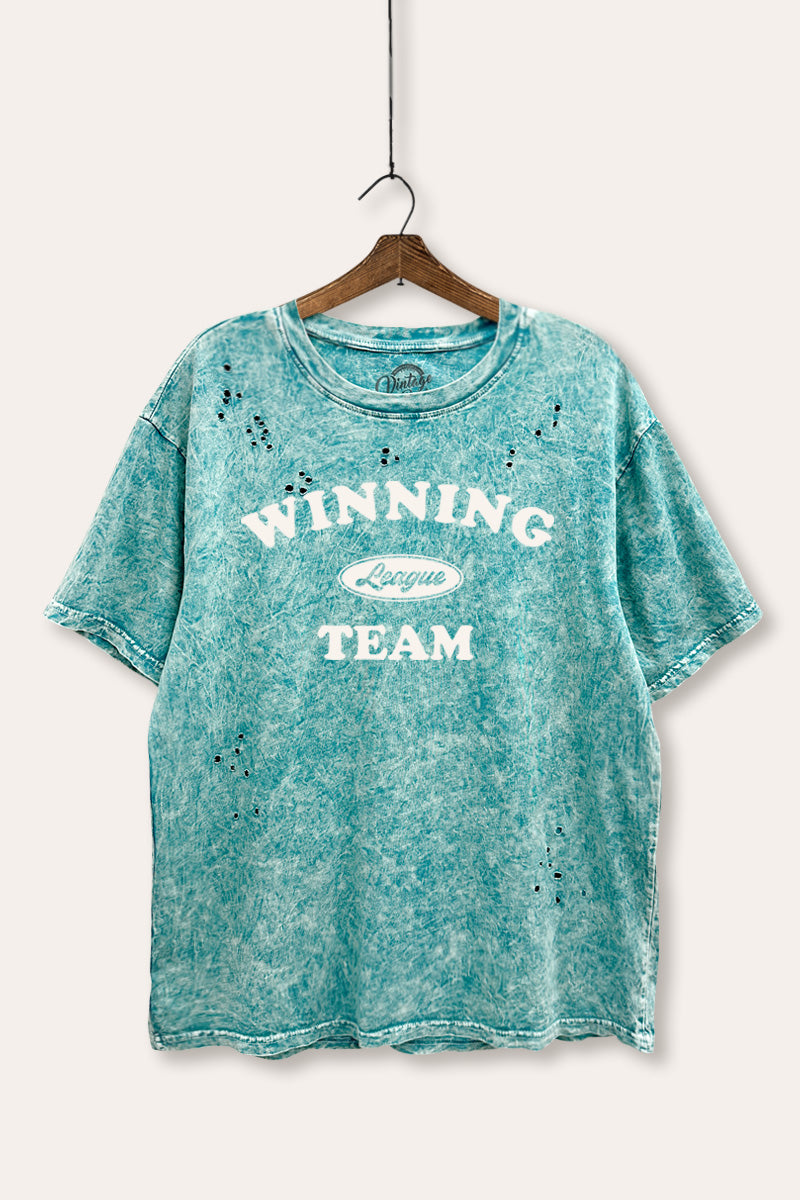"winning team" graphic mineral wash laser distress tee