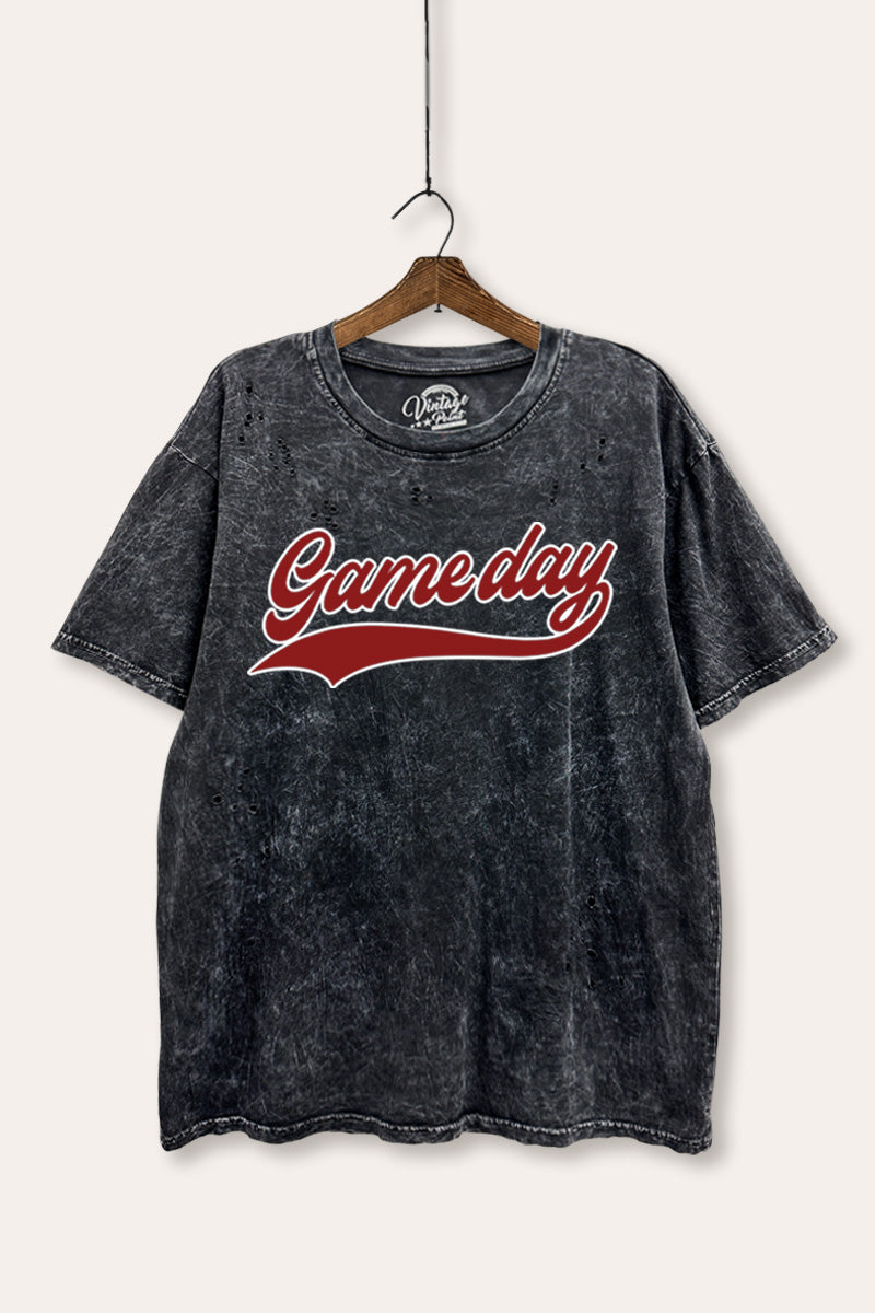 "game day" varsity graphic mineral wash laser distress tee