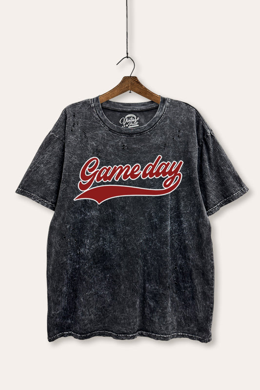 "game day" varsity graphic mineral wash laser distress tee