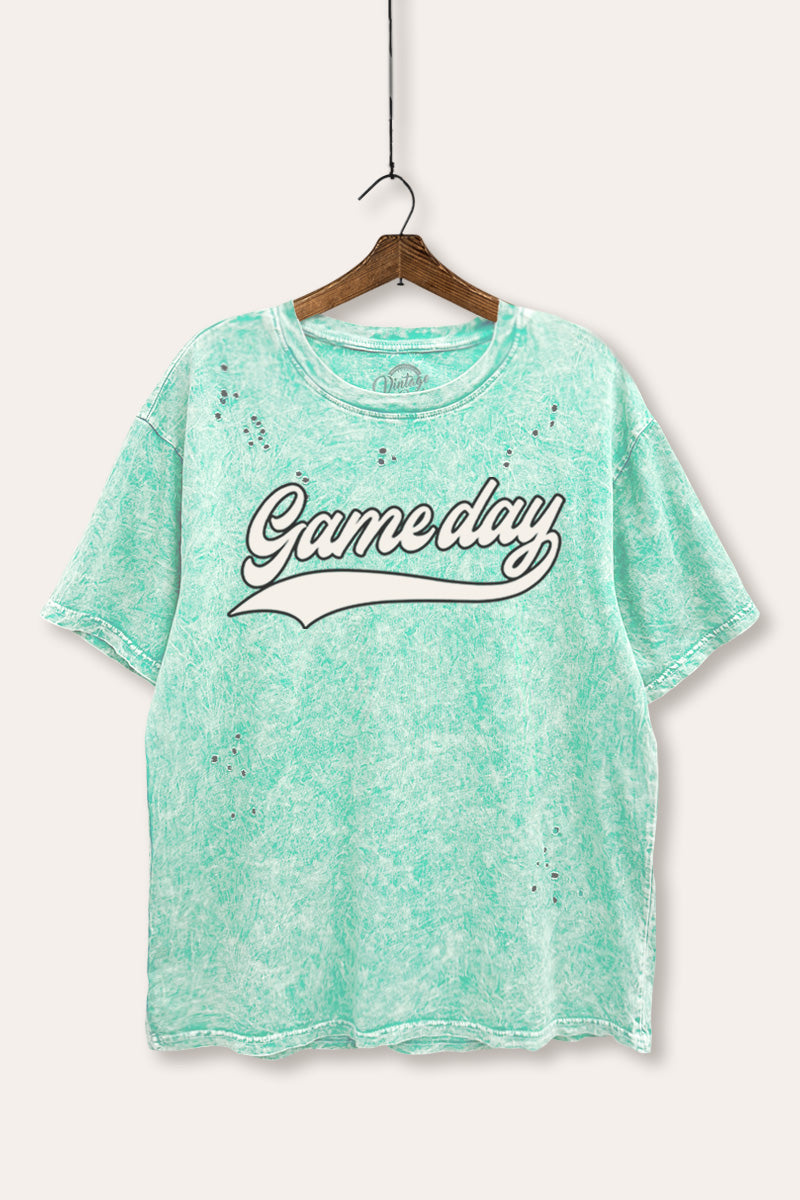 "game day" varsity graphic mineral wash laser distress tee