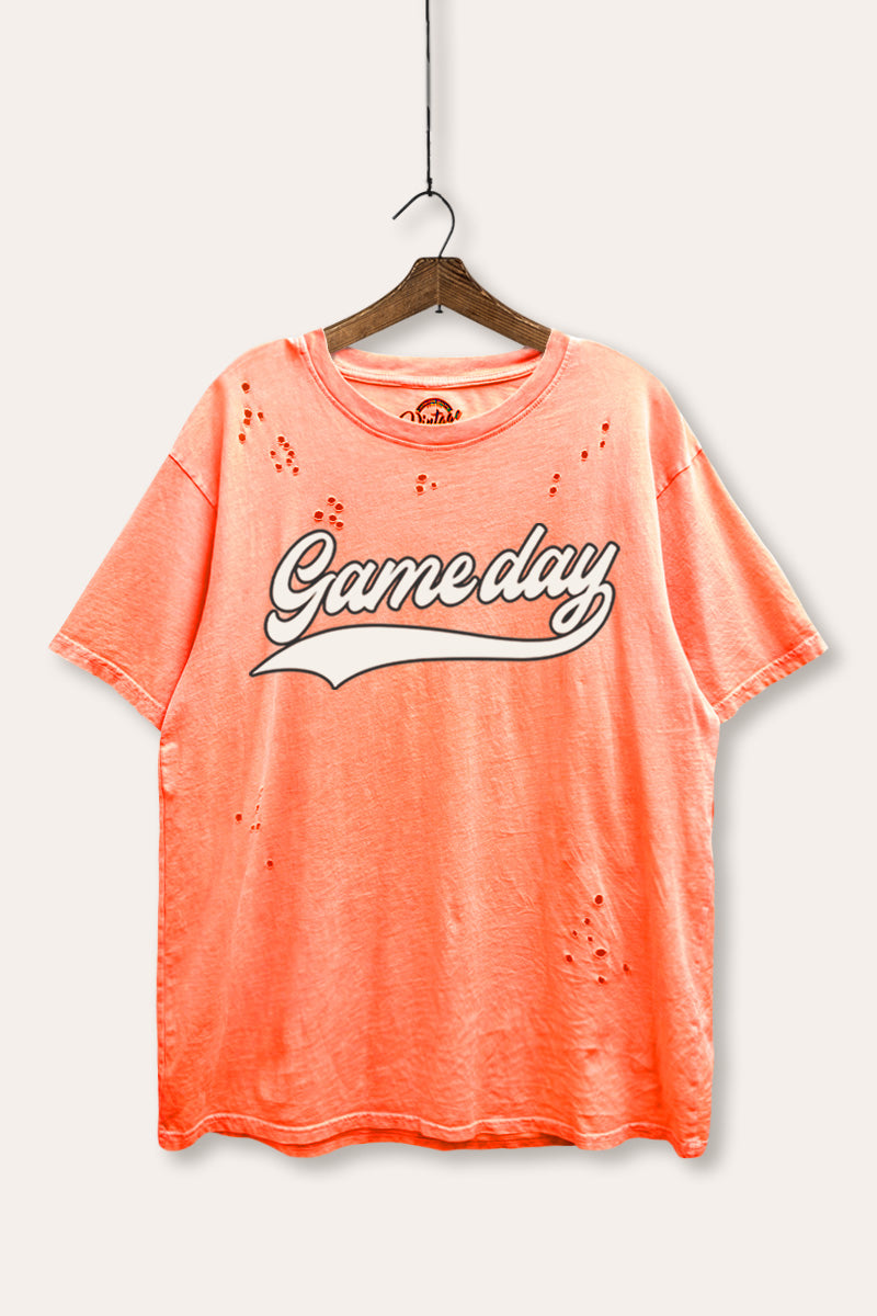 "game day" varsity graphic mineral wash laser distress tee