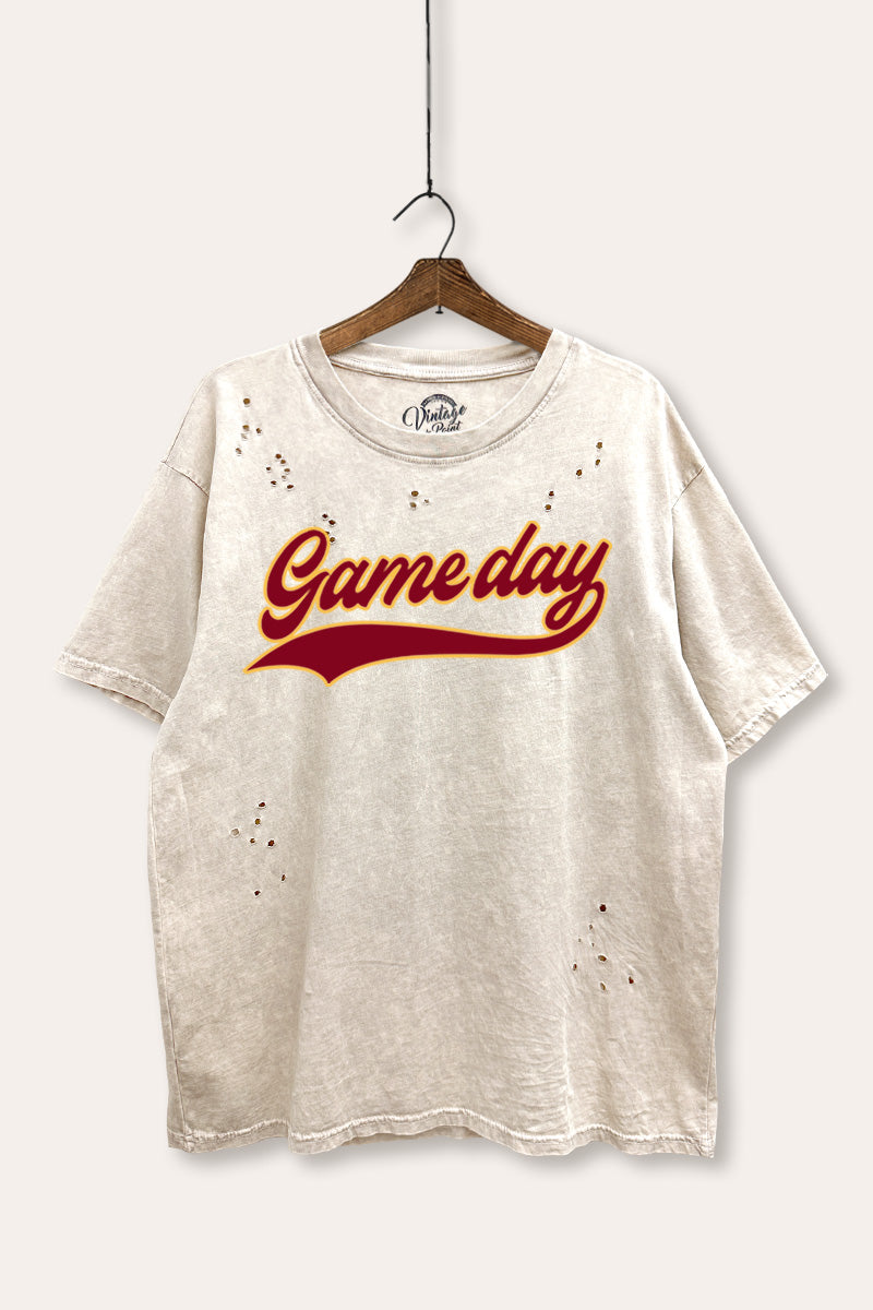 "game day" varsity graphic mineral wash laser distress tee