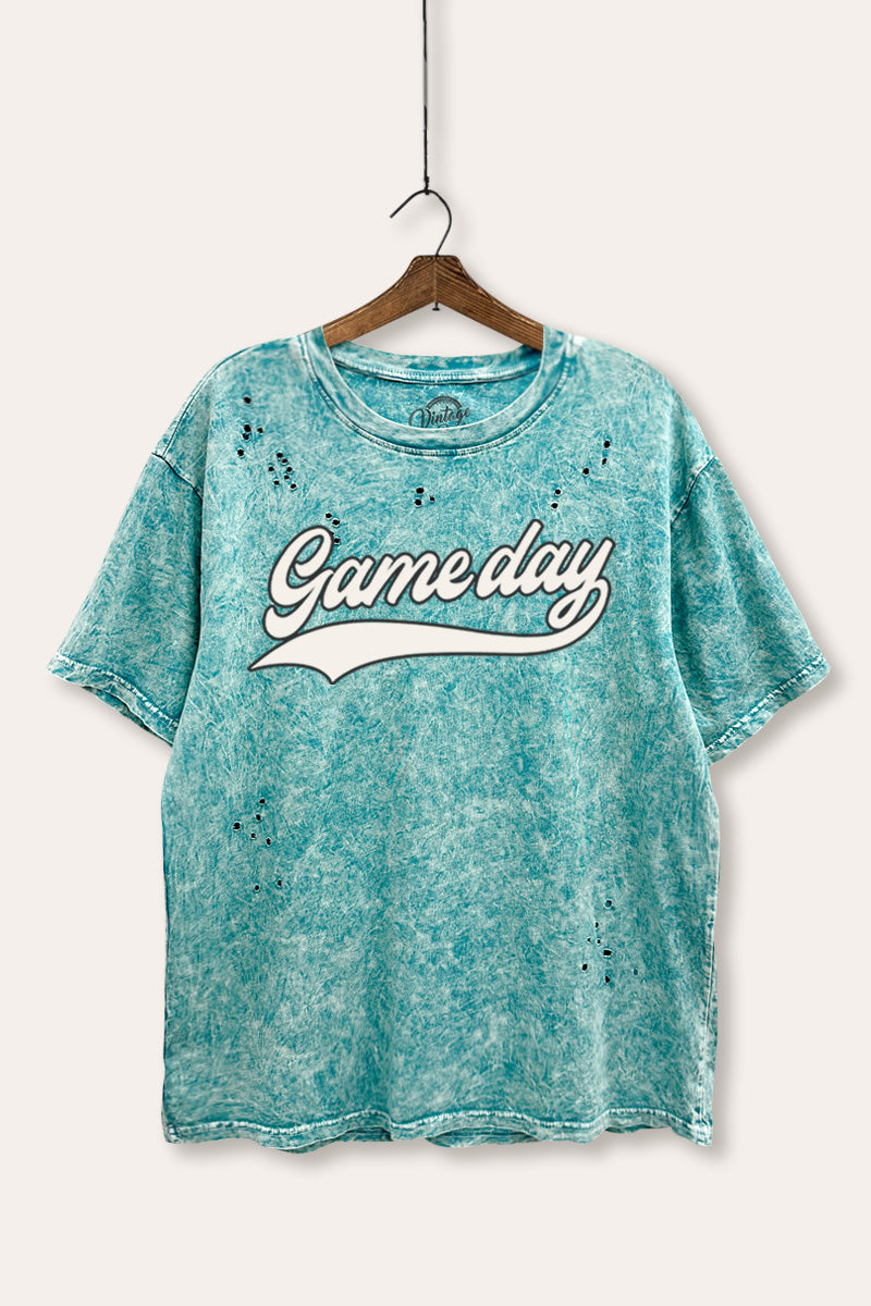 "game day" varsity graphic mineral wash laser distress tee