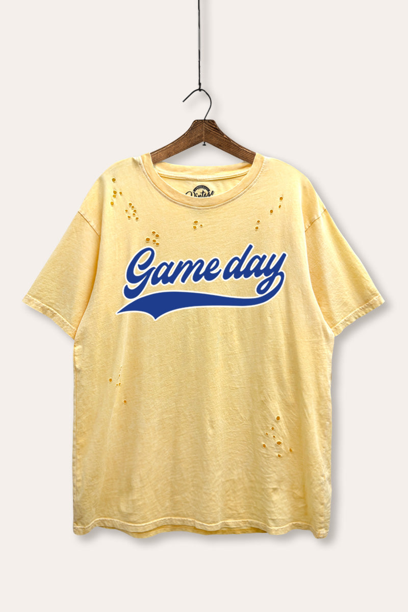 "game day" varsity graphic mineral wash laser distress tee