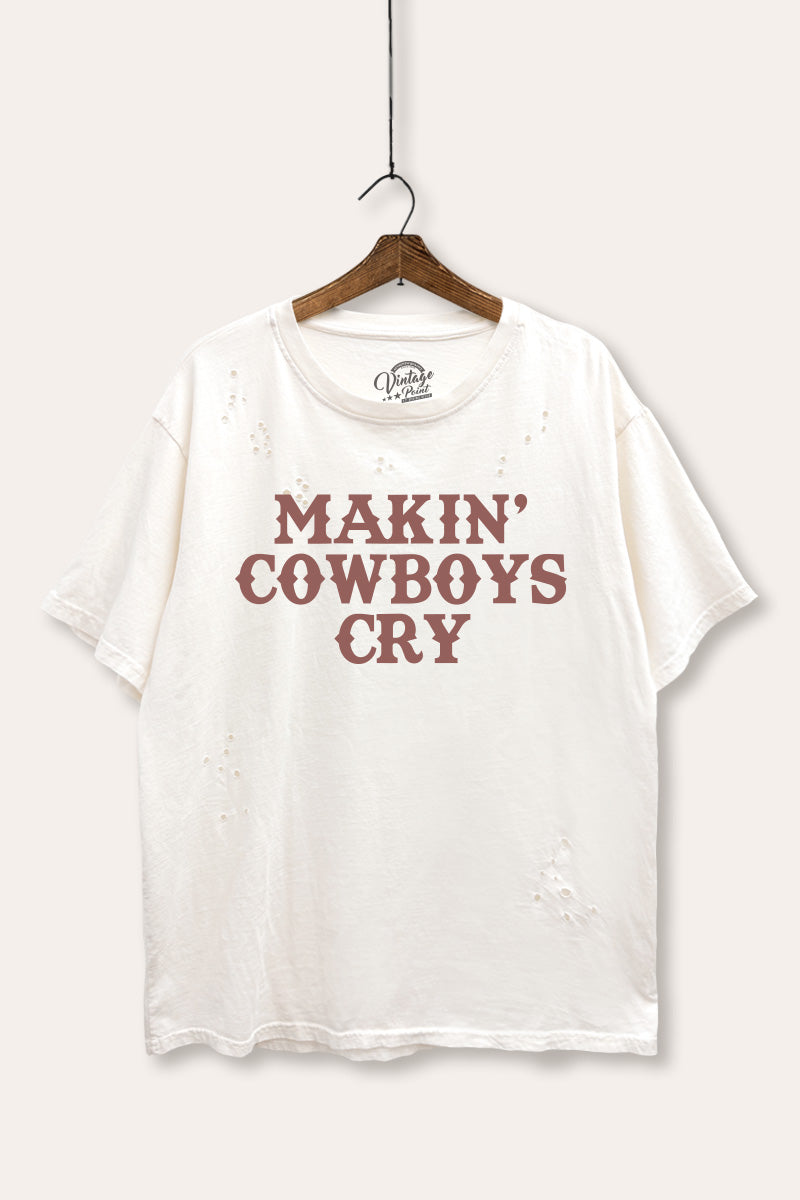 "makin' cowboys cry" graphic mineral wash laser distress tee
