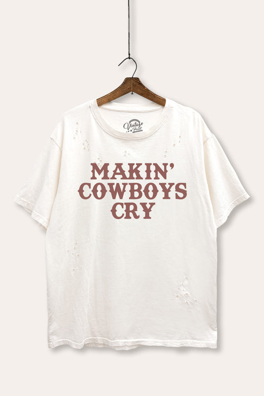 "makin' cowboys cry" graphic mineral wash laser distress tee