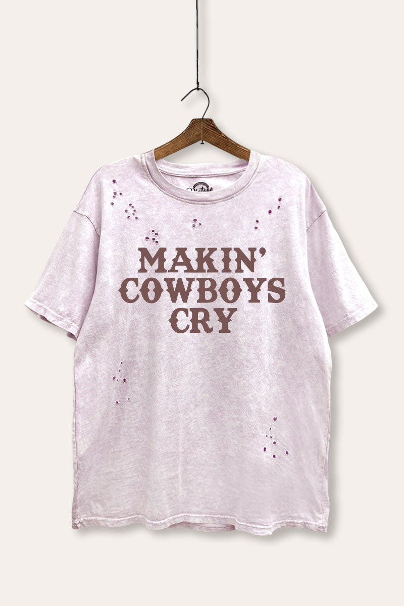 "makin' cowboys cry" graphic mineral wash laser distress tee