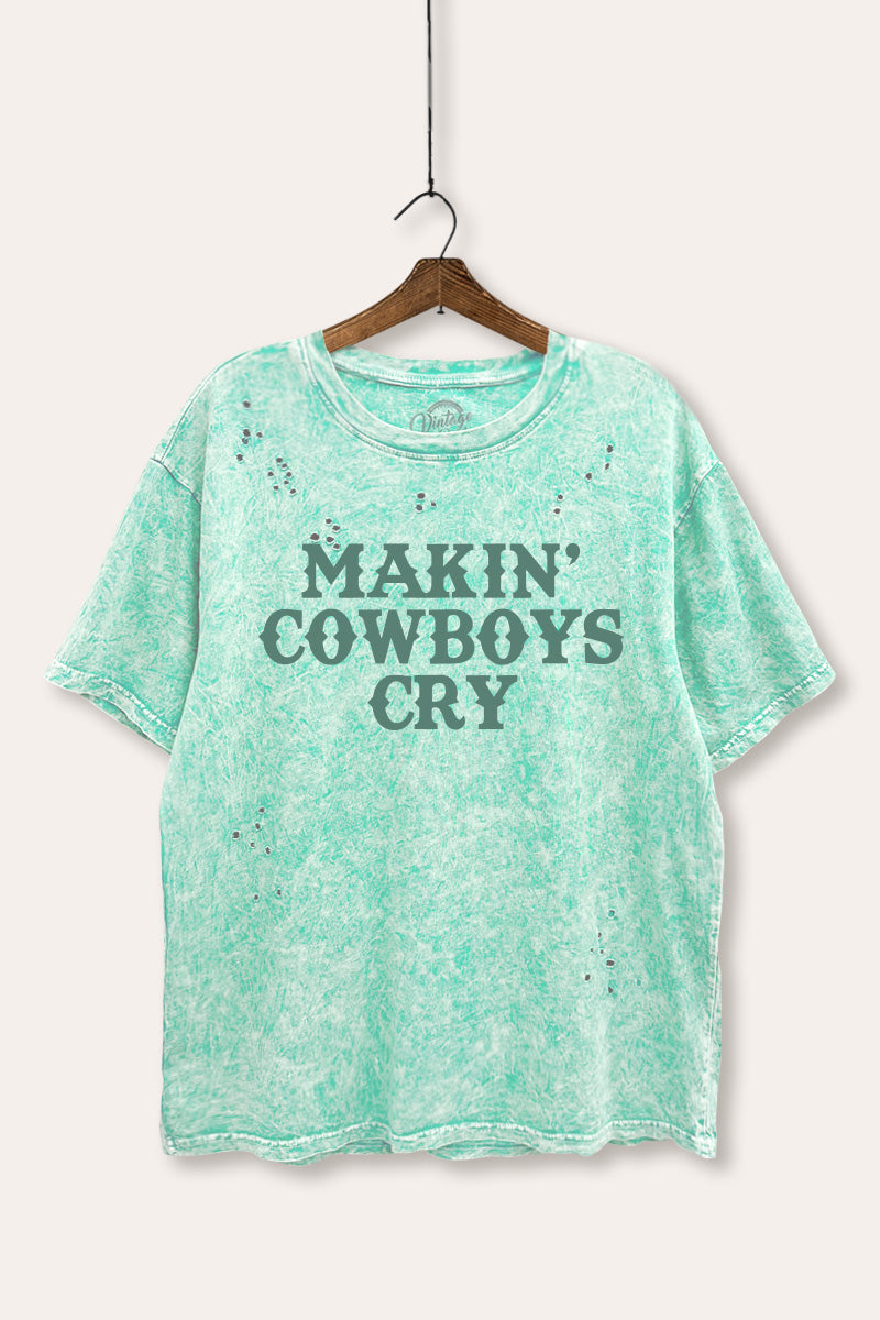 "makin' cowboys cry" graphic mineral wash laser distress tee