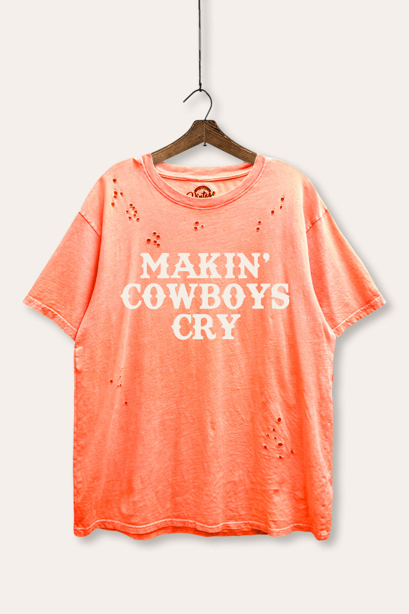 "makin' cowboys cry" graphic mineral wash laser distress tee