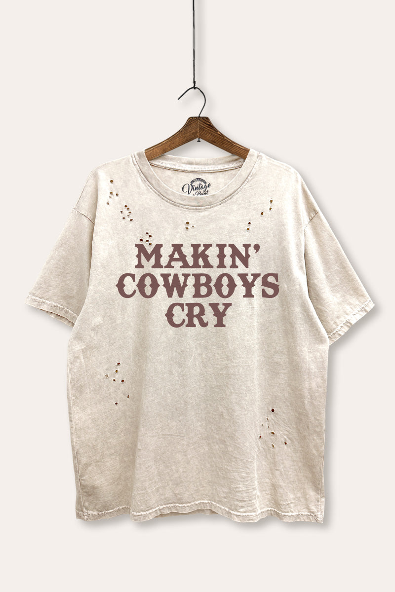 "makin' cowboys cry" graphic mineral wash laser distress tee