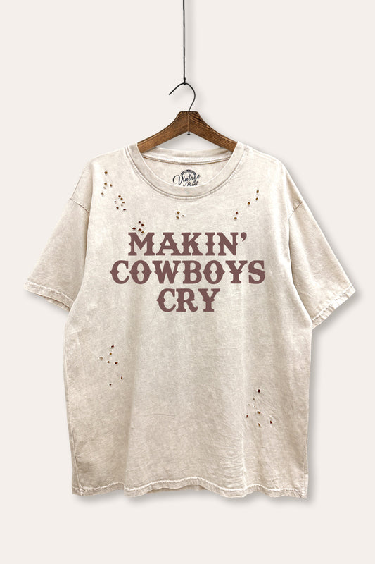 "makin' cowboys cry" graphic mineral wash laser distress tee