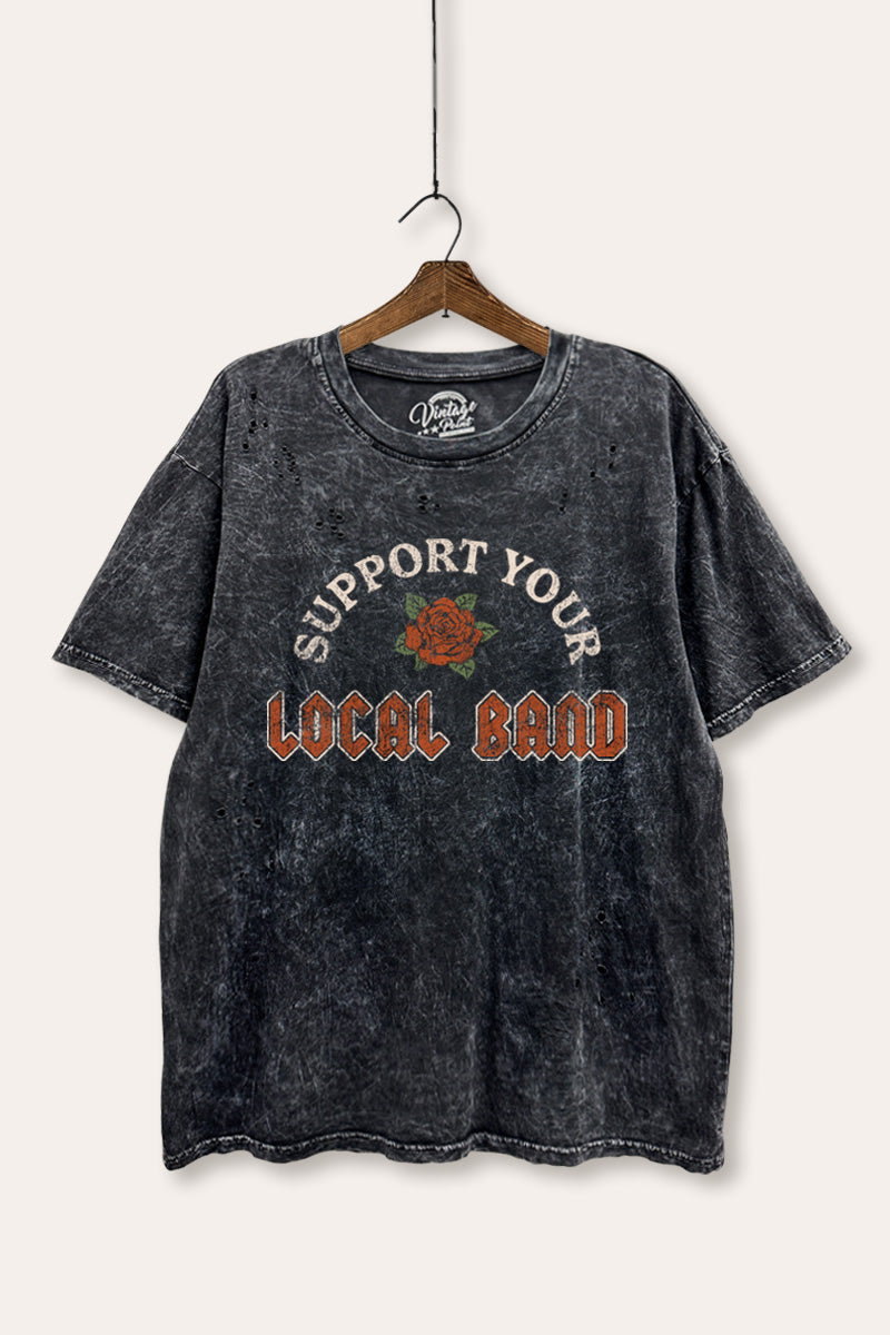 "support your local band" graphic mineral wash laser distress tee