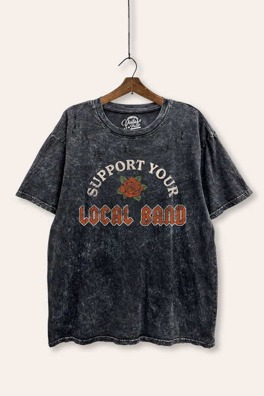 "support your local band" graphic mineral wash laser distress tee