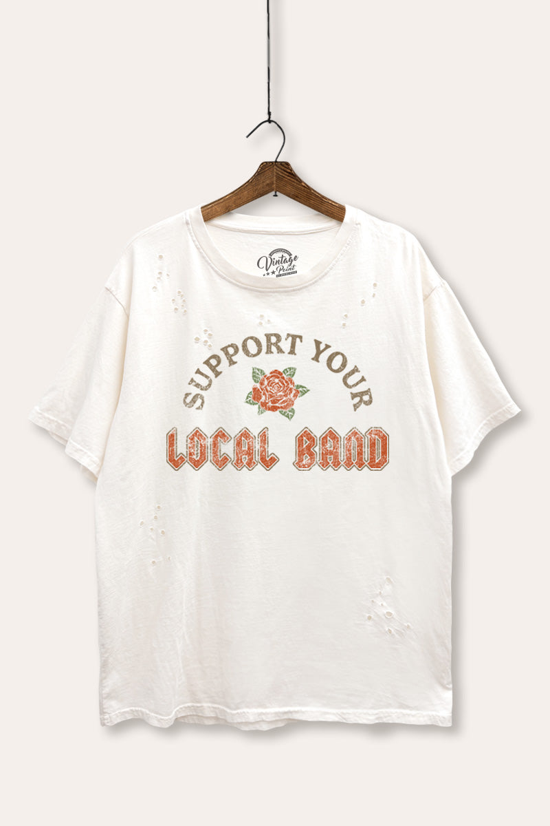 "support your local band" graphic mineral wash laser distress tee