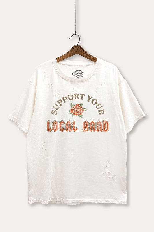 "support your local band" graphic mineral wash laser distress tee