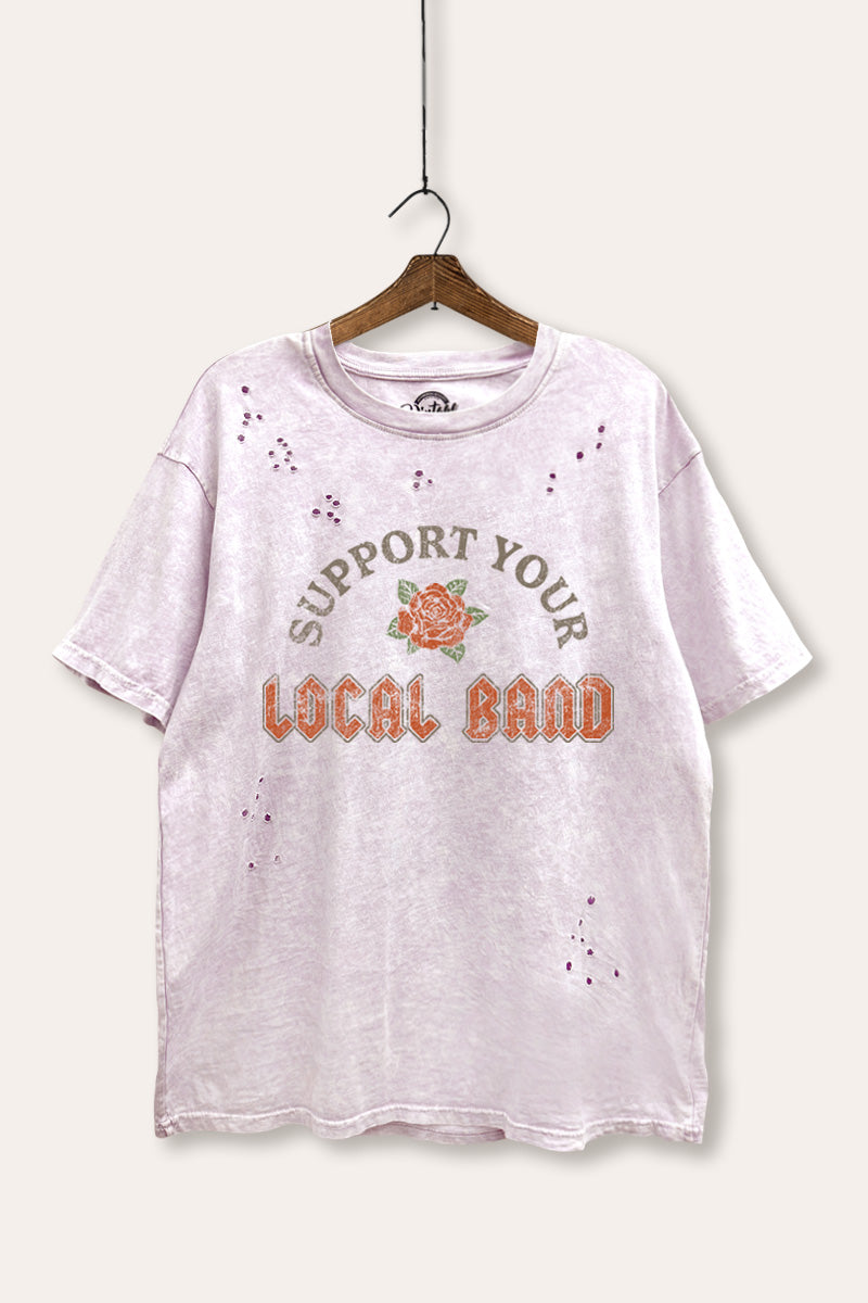 "support your local band" graphic mineral wash laser distress tee