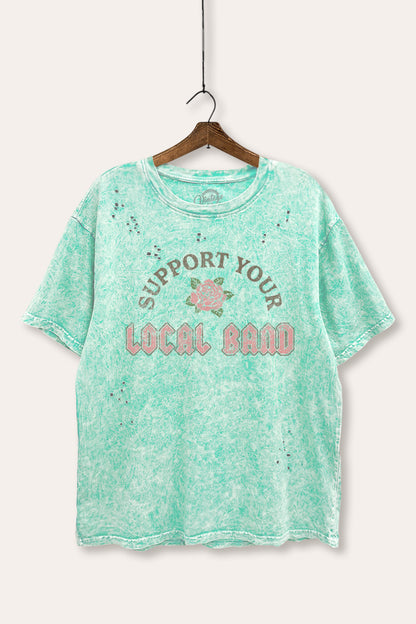 Support Your Local Band Rose Graphic Mineral Wash Distress Tee