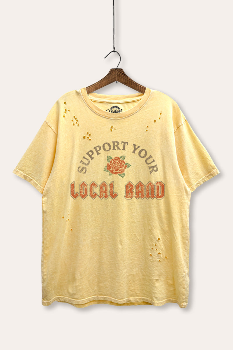 "support your local band" graphic mineral wash laser distress tee