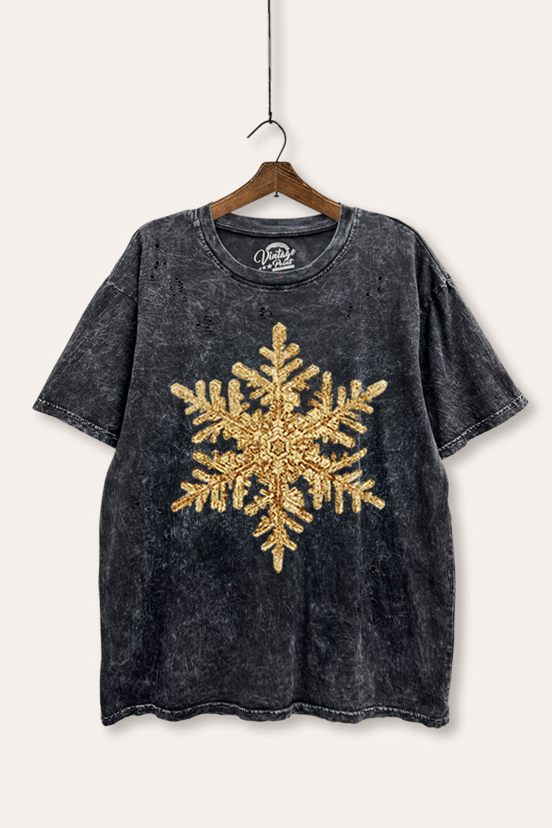 golden snowflake graphic mineral wash laser distress tee