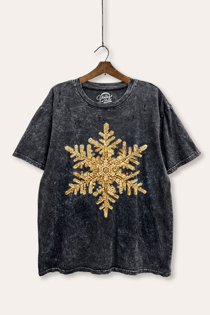 Gold Snowflake Holiday Graphic Mineral Wash Distress Tee