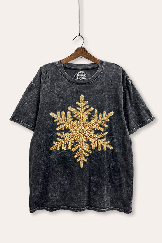 golden snowflake graphic mineral wash laser distress tee