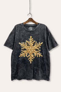 golden snowflake graphic mineral wash laser distress tee