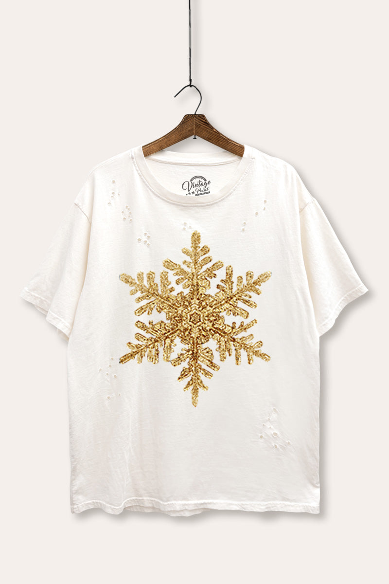 golden snowflake graphic mineral wash laser distress tee