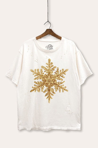Gold Snowflake Holiday Graphic Mineral Wash Distress Tee
