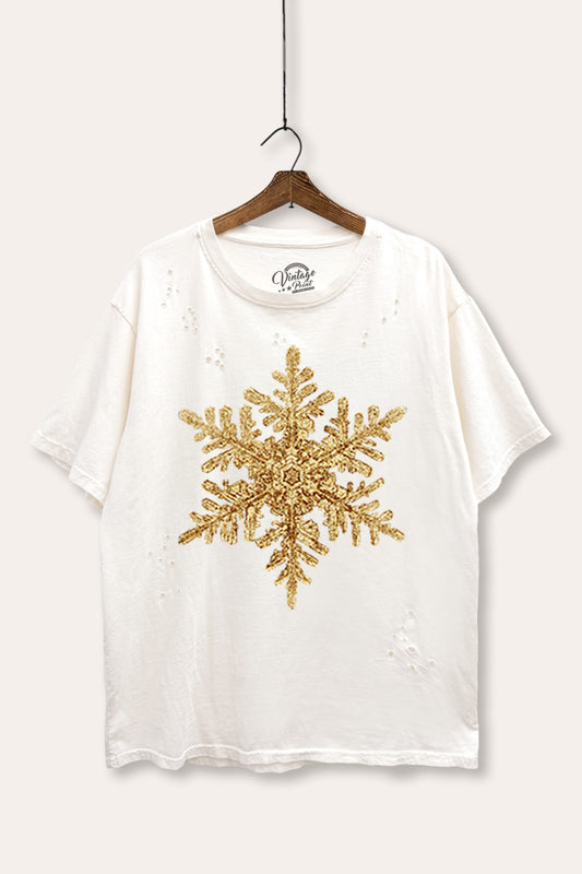 golden snowflake graphic mineral wash laser distress tee