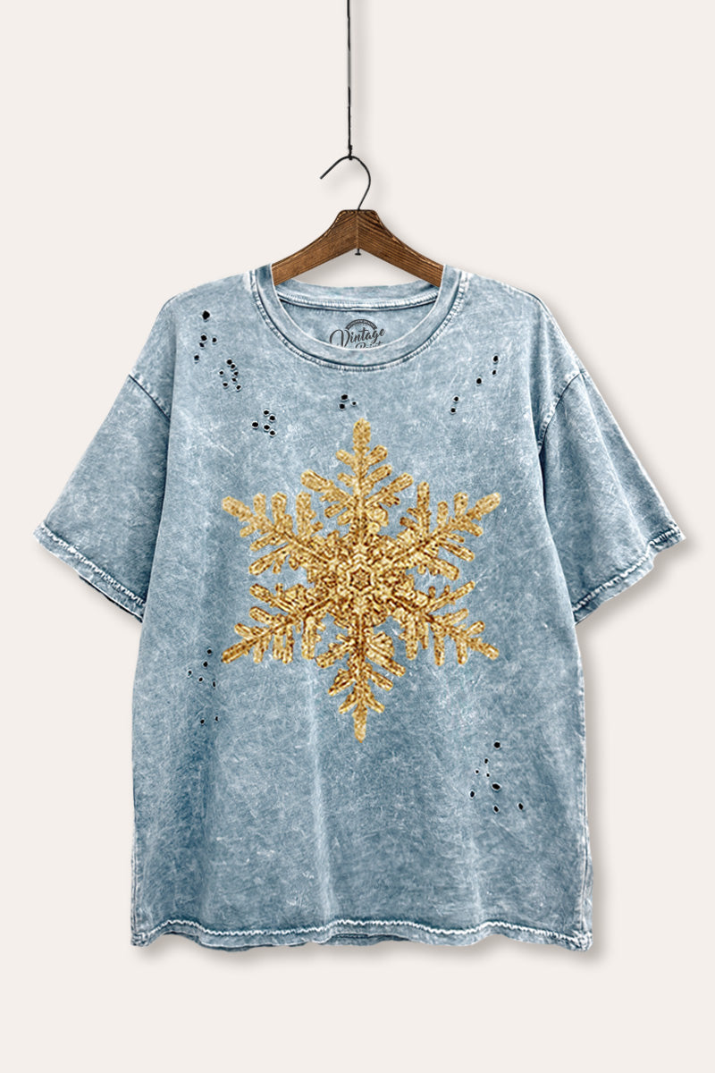 golden snowflake graphic mineral wash laser distress tee