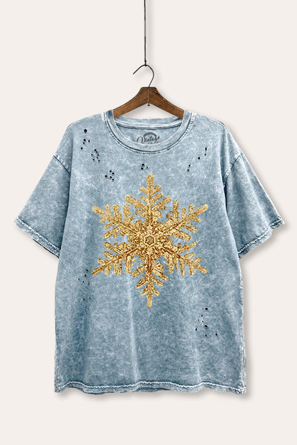 Gold Snowflake Holiday Graphic Mineral Wash Distress Tee
