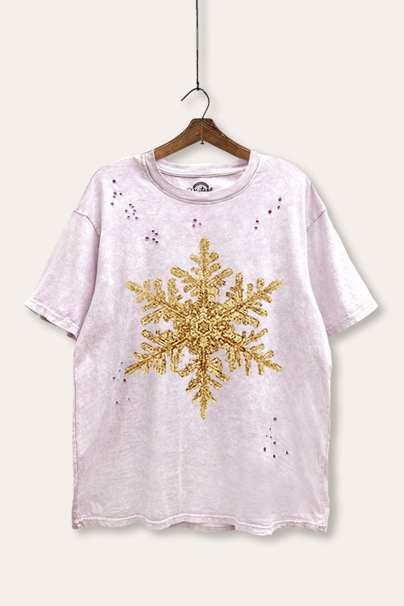 golden snowflake graphic mineral wash laser distress tee