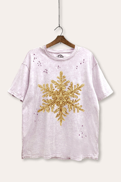 Gold Snowflake Holiday Graphic Mineral Wash Distress Tee