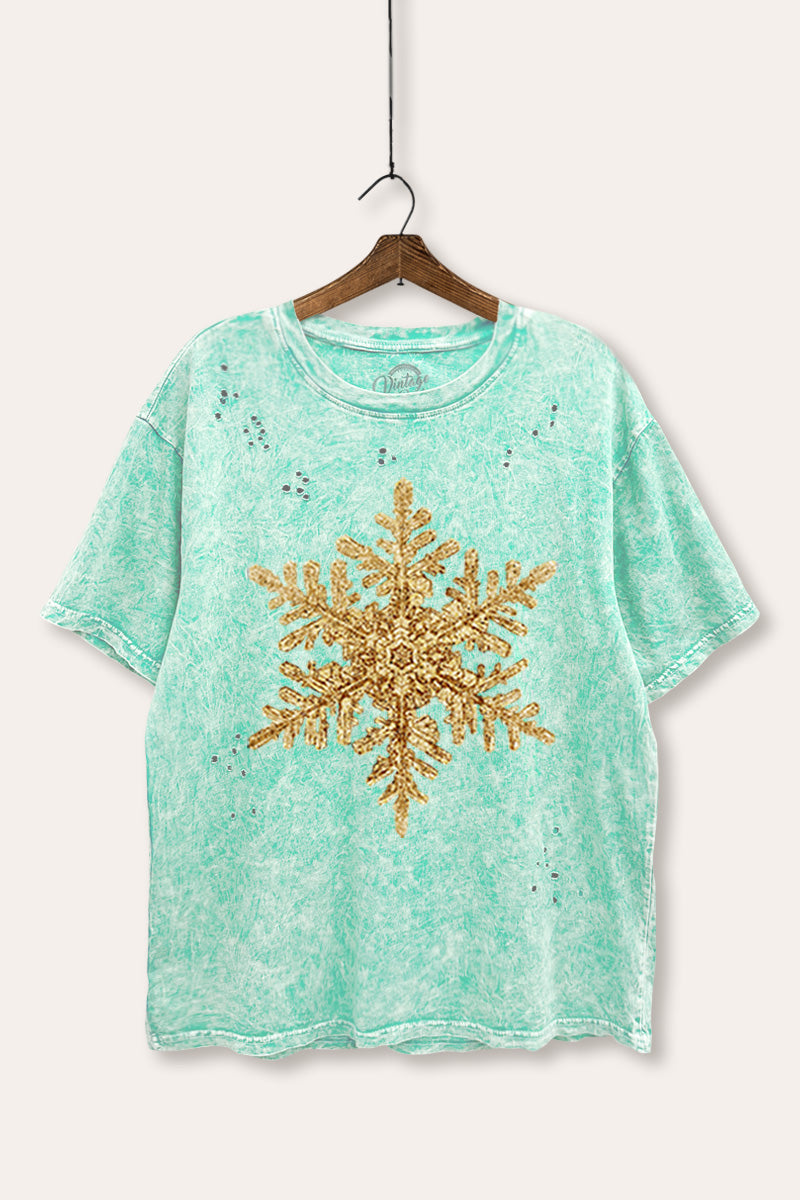 golden snowflake graphic mineral wash laser distress tee