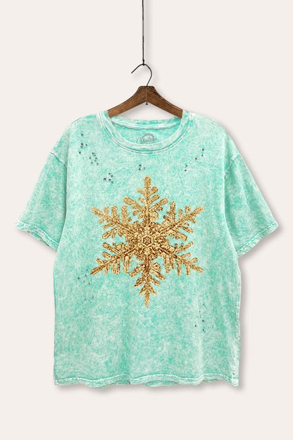 Gold Snowflake Holiday Graphic Mineral Wash Distress Tee